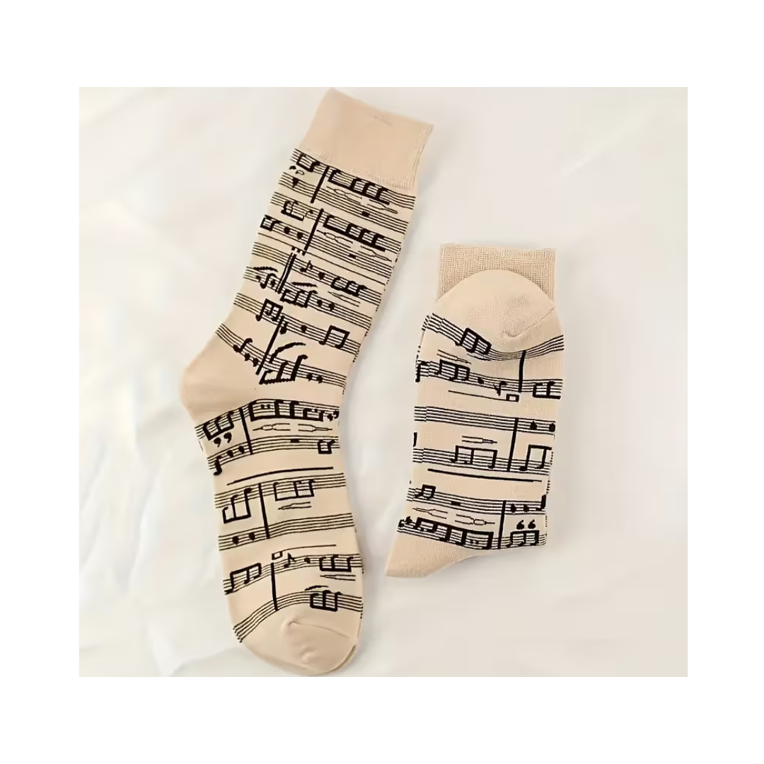 Calceta Beige Con Diseño Notas Musicales