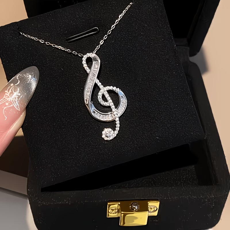 Collar con Dije de Clave de Sol con Pedrería Plateado