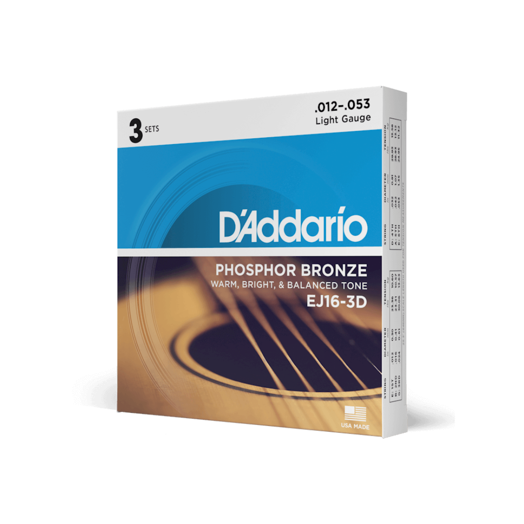Set 3 Juegos De Cuerdas Para Guitarra Acústica Daddario EJ16-3D Fósforo Bronce Calibre Ligero 12/53