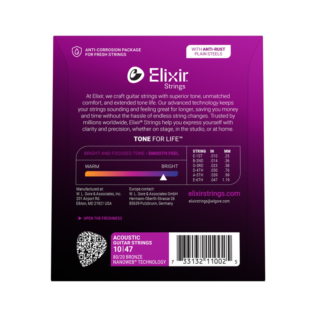 Elixir 11002 Cuerdas de Guitarra Acústica 10/47 Bronze Nanoweb