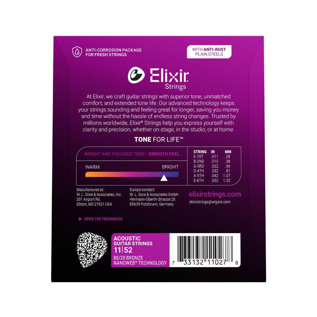 Elixir 11027 Cuerdas de Guitarra Acústica 11/52 Bronze Nanoweb