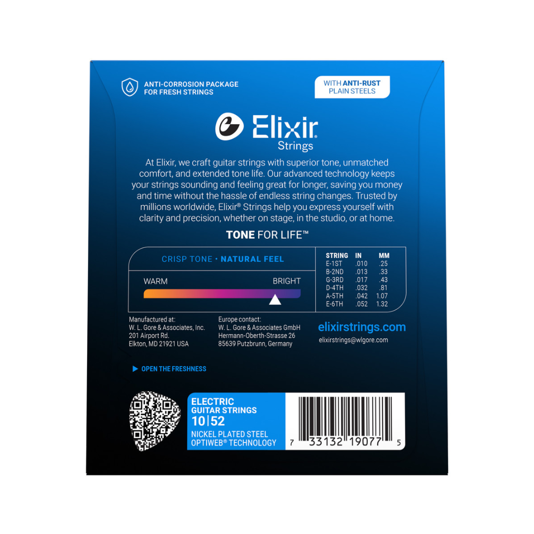 Elixir 19077 Cuerdas Para Guitarra Eléctrica 10/52 Nickel Platinado Optiweb