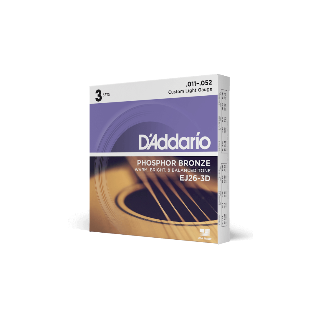 Set 3 Juegos De Cuerdas Para Guitarra Acústica Daddario EJ26-3D Fósforo Bronce Calibre Custom Light 11/52