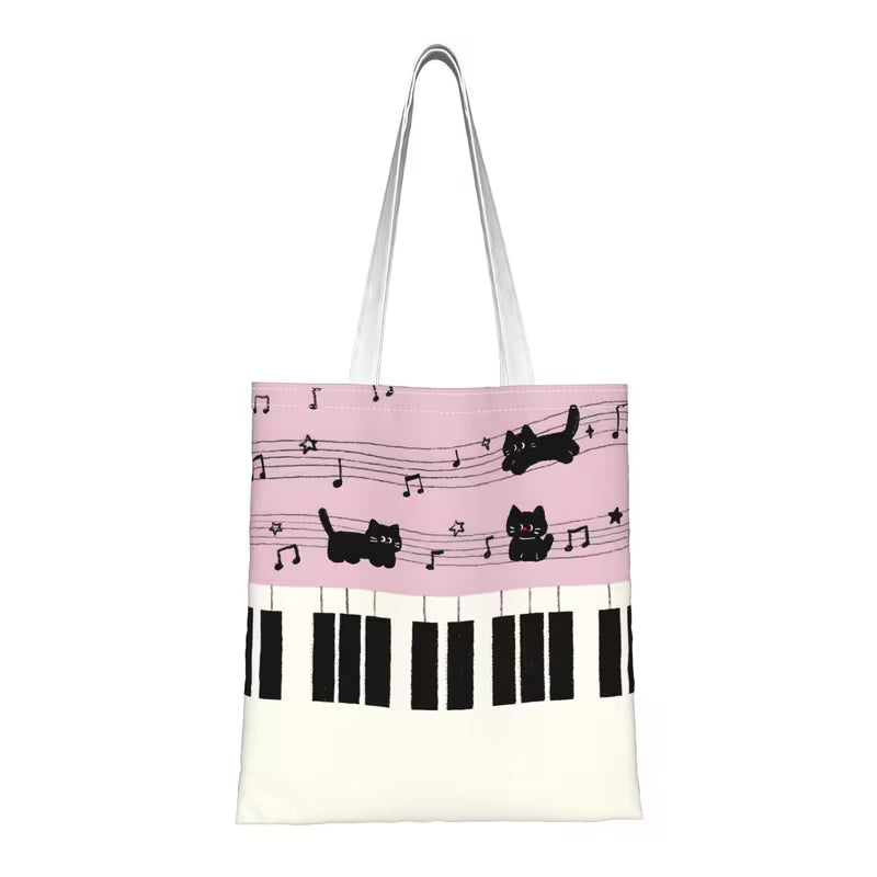 Tote Bag Rosa con Teclas de Piano, Notas y Gatitos Negros