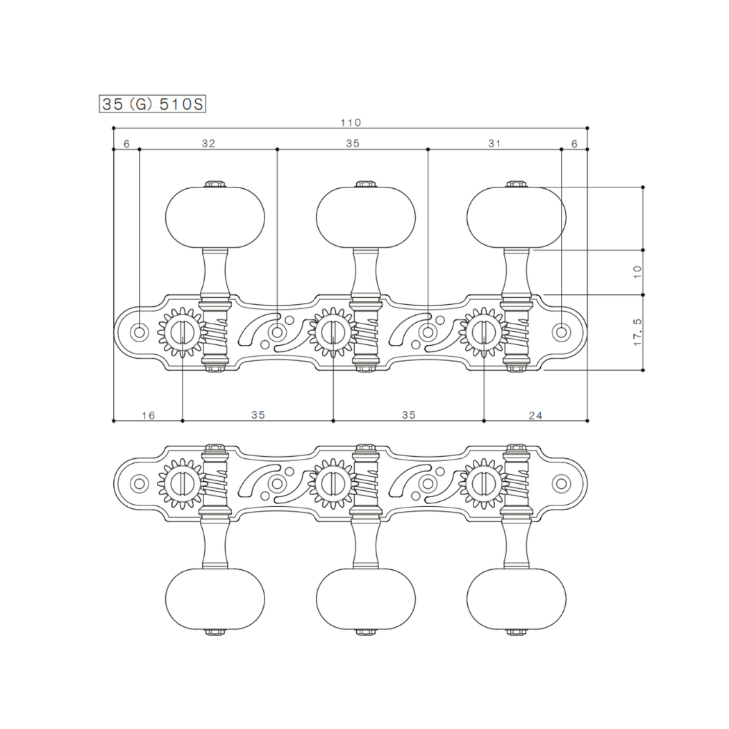 Gotoh 35ARB510S/EN Cosmo Black Maquinaria Con Baleros Para Guitarra Clásica Postes Aluminio Negro Botones Ébano 1:16