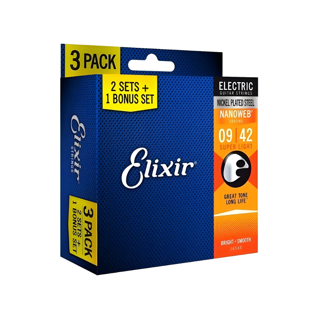 Elixir 16540 3 pack de Cuerdas Guitarra Eléctrica 09/42 Acero Platinado