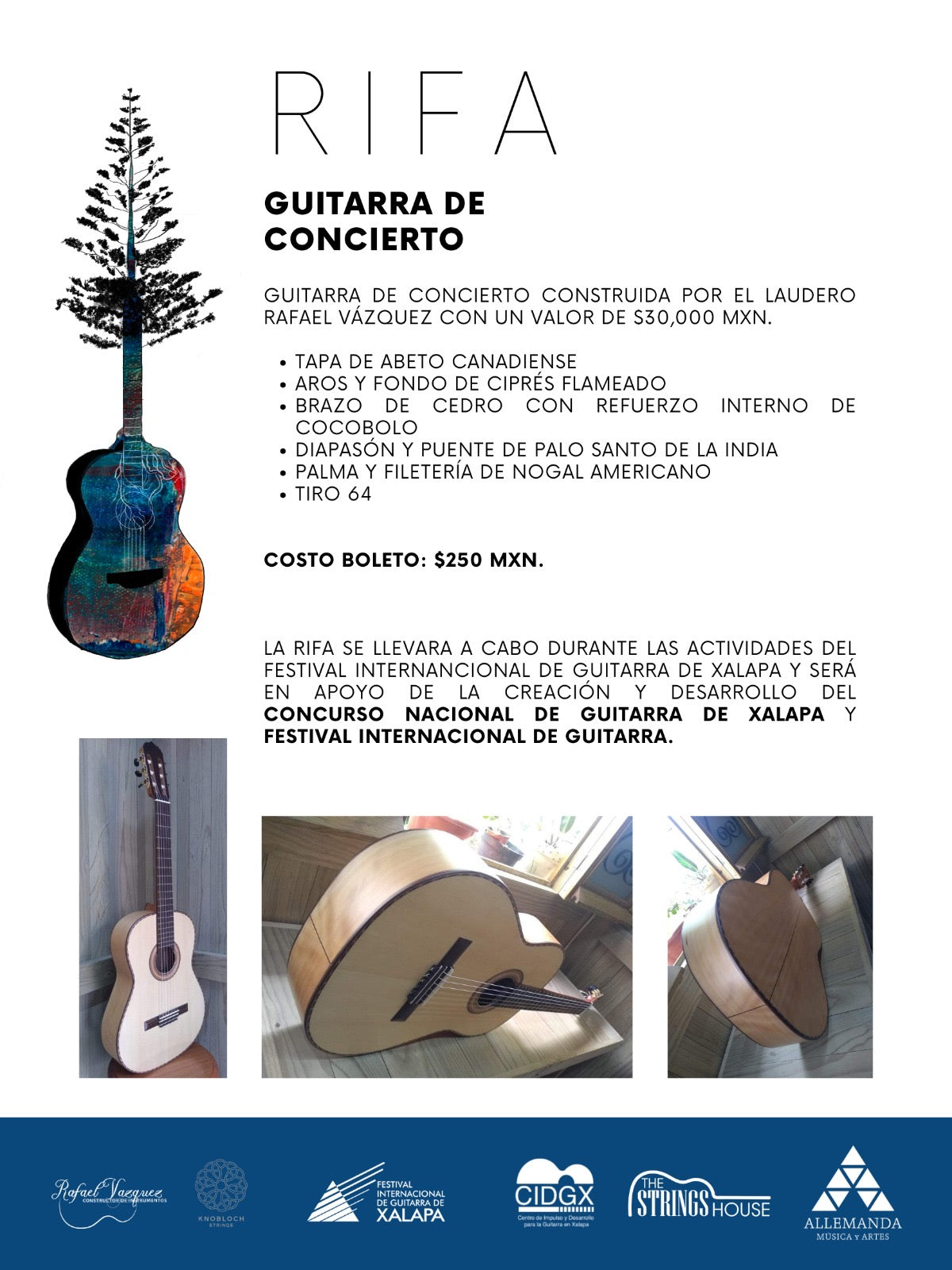 Boleto para rifa de guitarra del laudero Rafael Vazquez