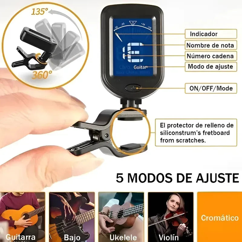 Afinador Universal Cromático de Pinza Color Negro