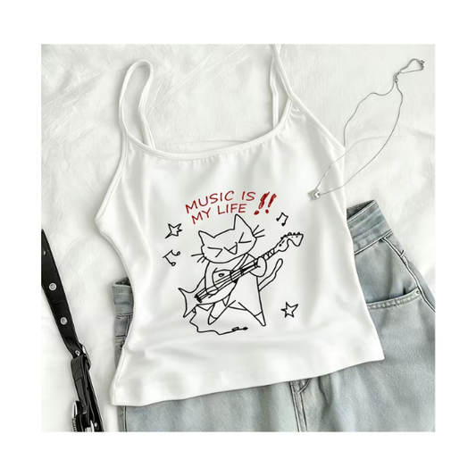 Blusa Diseño Gatito Rockero "Music is Life" Blanca