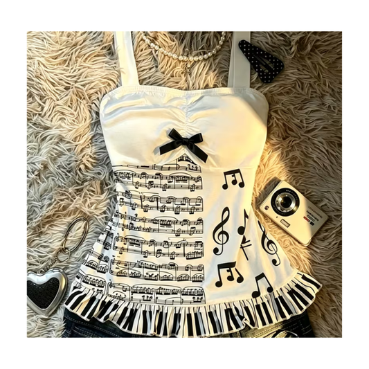 Blusa con Diseño Musical con Partitura, Notas y Teclas de Piano