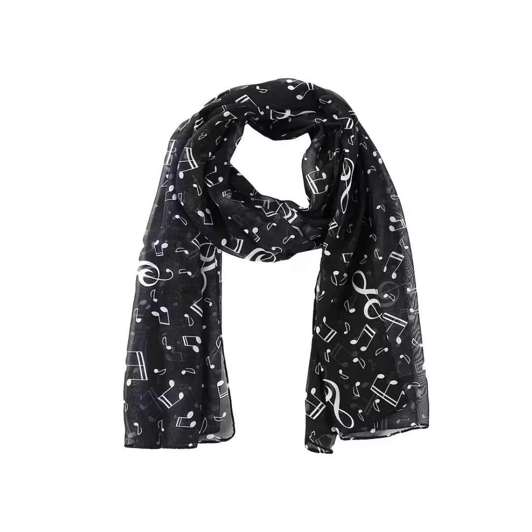 Bufanda Pashmina Negra con Estampado de Notas Musicales