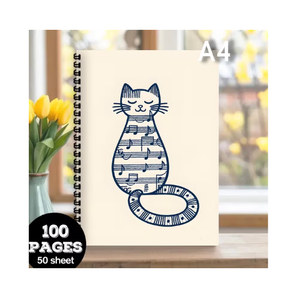 Cuaderno Pautado A4 Diseño Gato Piel Partitura 50 Hojas