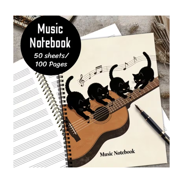 Cuaderno Pautado A4 Diseño Gatos Negros con Guitarra 50 Hojas