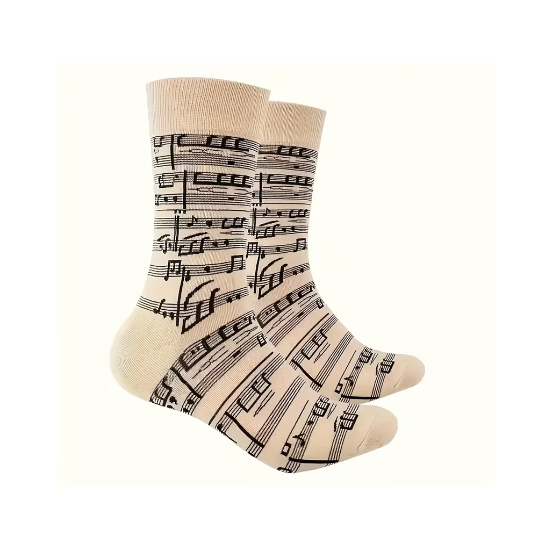 Calceta Beige Con Diseño Notas Musicales