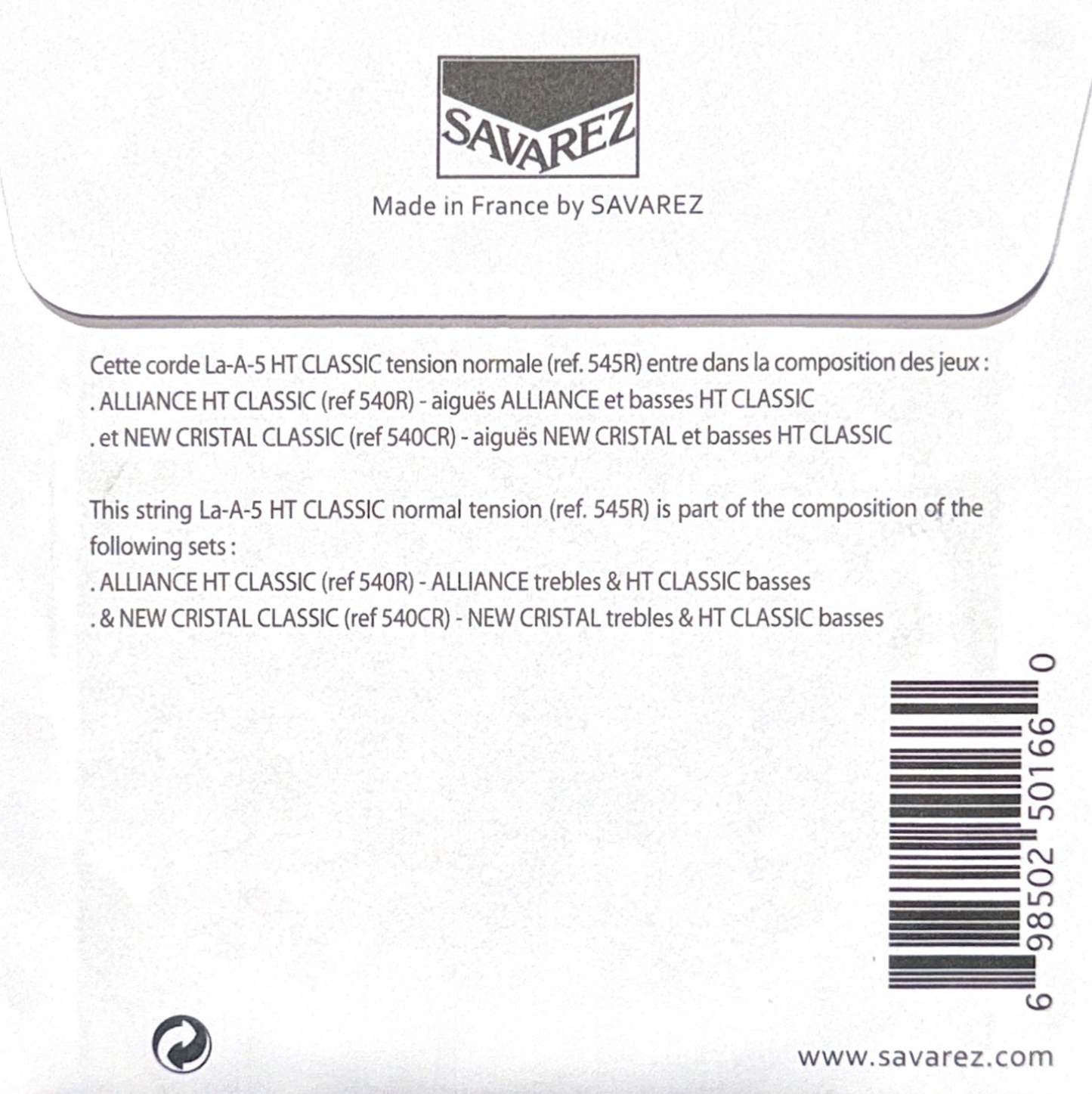 Cuerda quinta suelta para guitarra LA A 5  Savarez HT Classic 545R tensión media