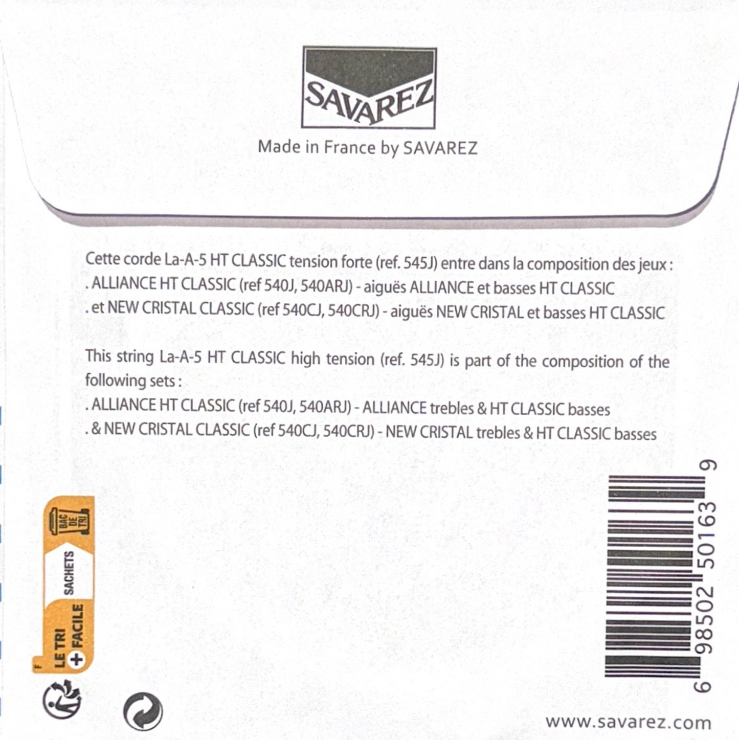 Cuerda quinta suelta para guitarra LA A 5  Savarez HT Classic 545J tensión alta