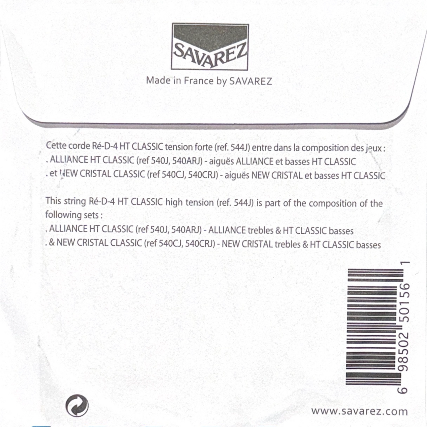 Cuerda cuarta suelta para guitarra RE D 4 Savarez HT Classic 544J tensión alta