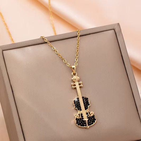 Collar con Dije de Violín con Pedrería Negra