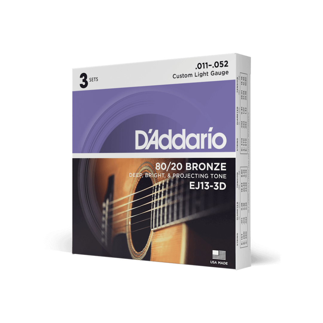 Set 3 Juegos De Cuerdas Para Guitarra Acústica Daddario EJ13-3D 80/20 Bronce Calibre Custom Light 11/52