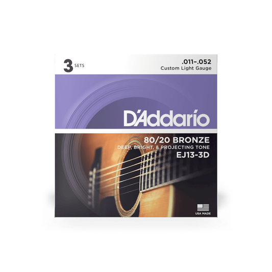 Set 3 Juegos De Cuerdas Para Guitarra Acústica Daddario EJ13-3D 80/20 Bronce Calibre Custom Light 11/52