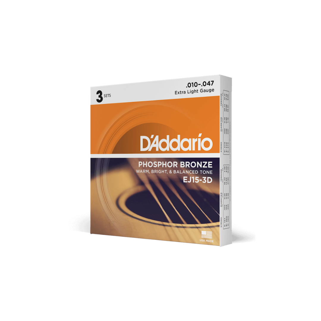 Set 3 Juegos De Cuerdas Para Guitarra Acústica Daddario EJ15-3D Fósforo Bronce Calibre Extra Ligero 10/47