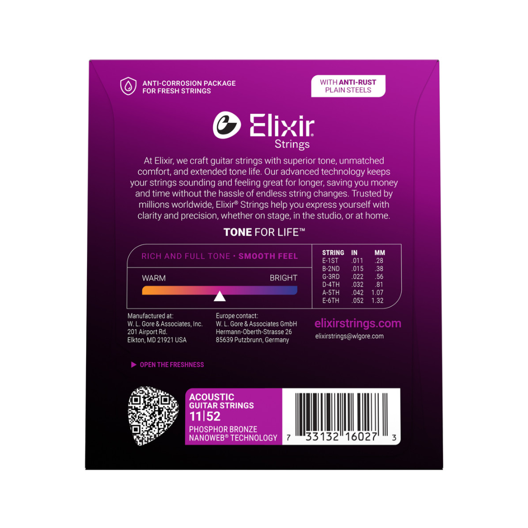 Elixir 16027 Cuerdas Para Guitarra Acústica 11/52 Phosphor Bronze Nanoweb