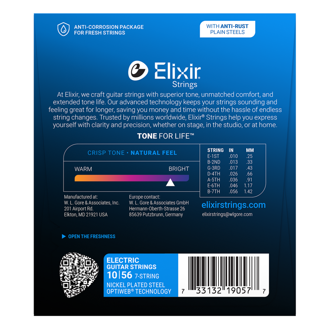 Elixir Electric Nickel Plated Steel with Optiweb Coating Light 10/56 Para Guitarra de 7 Cuerdas