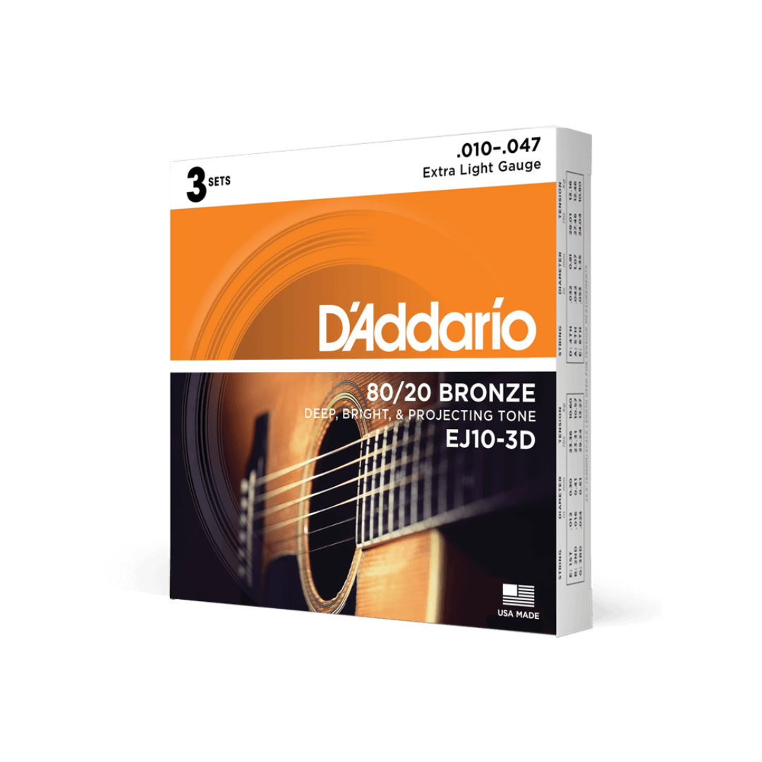 Set 3 Juegos De Cuerdas Para Guitarra Acústica Daddario EJ10-3D 80/20 Bronce Calibre Extra Ligero 10/47