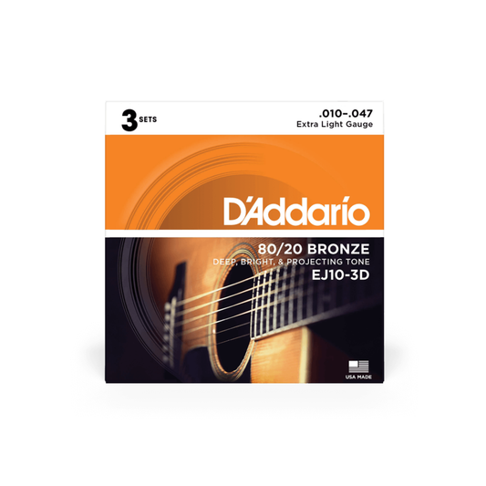 Set 3 Juegos De Cuerdas Para Guitarra Acústica Daddario EJ10-3D 80/20 Bronce Calibre Extra Ligero 10/47