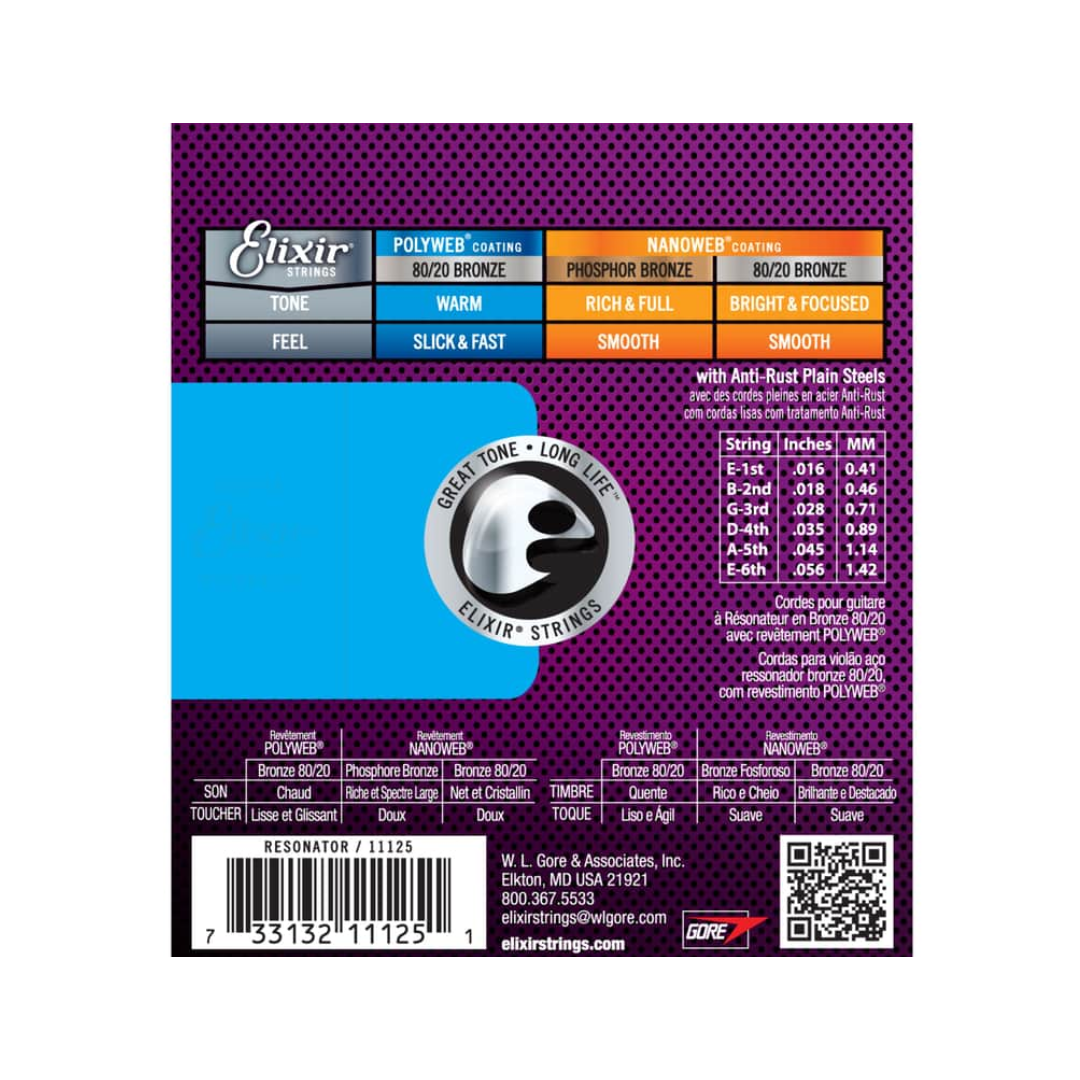 Elixir 11125 Cuerdas Para Guitarra Acústica Resonador Dobro 16/56 Nanoweb