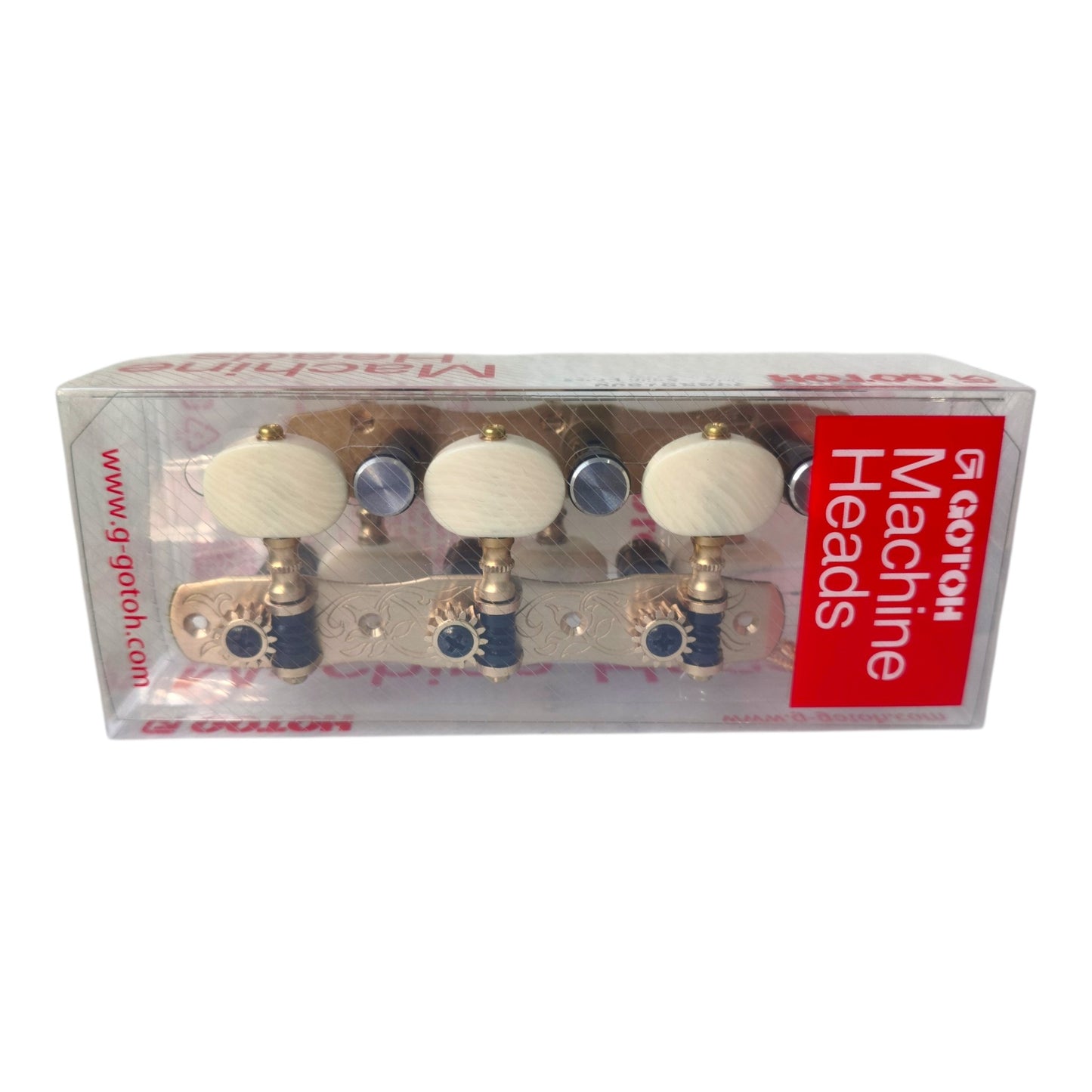 Gotoh 35ARB1800 2M Bronce Sólido Maquinaria Para Guitarra Clásica Con Postes De Aluminio Negros Con Baleros Con Botones De Plástico Blancos 1:14