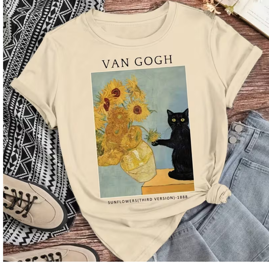 Camisa Van Gogh Gatito Tirando Girasoles