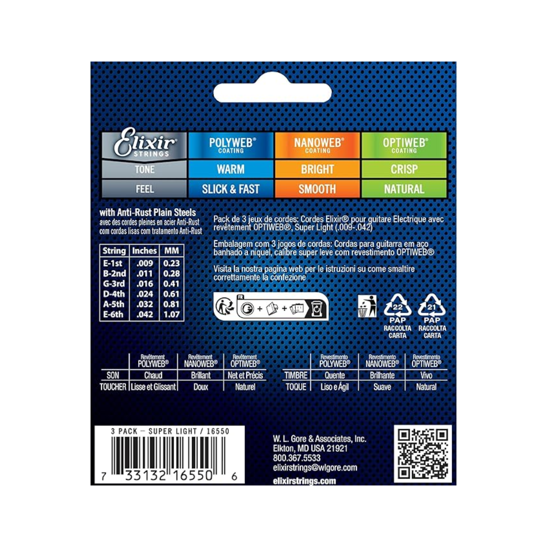 Elixir 16550 3 pack de Cuerdas Guitarra Eléctrica 09/42 Acero Platinado