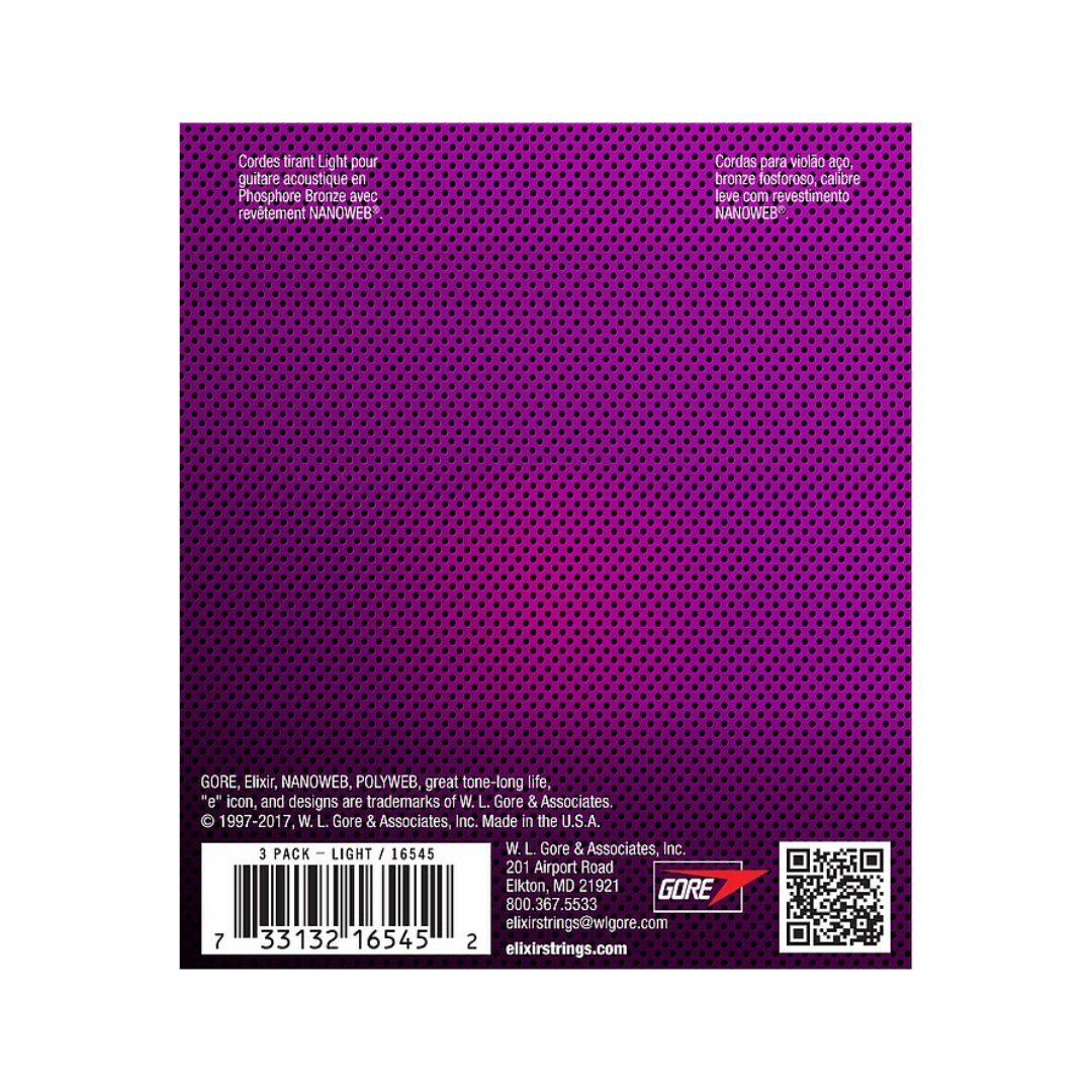 Elixir 16545 3 Pack de Cuerdas para Guitarra Acústica 12/53 Ligero Bronce Fósforo
