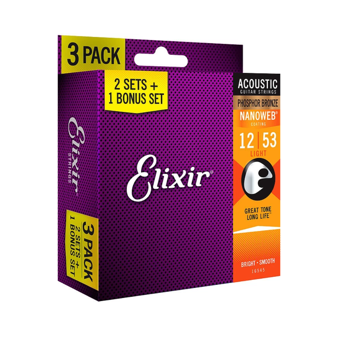 Elixir 16545 3 Pack de Cuerdas para Guitarra Acústica 12/53 Ligero Bronce Fósforo
