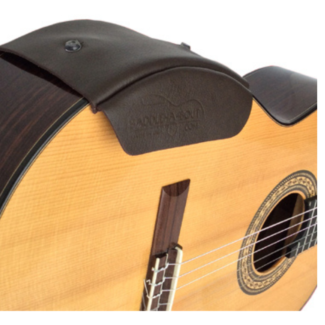 Saddle-A-Bout Posa Brazo de Piel Genuina para Guitarra Clásica o Acústica Marrón Oscuro Mediano