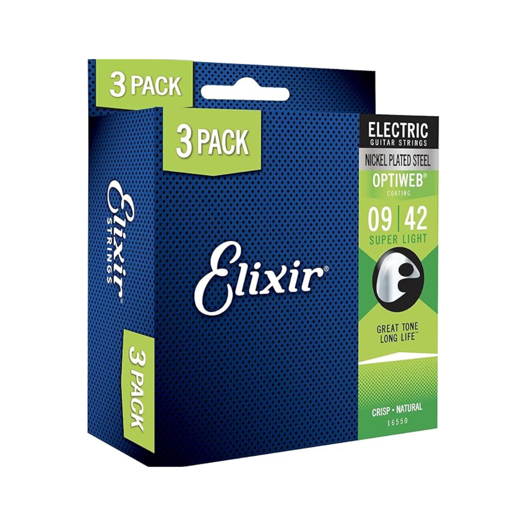 Elixir 16550 3 pack de Cuerdas Guitarra Eléctrica 09/42 Acero Platinado