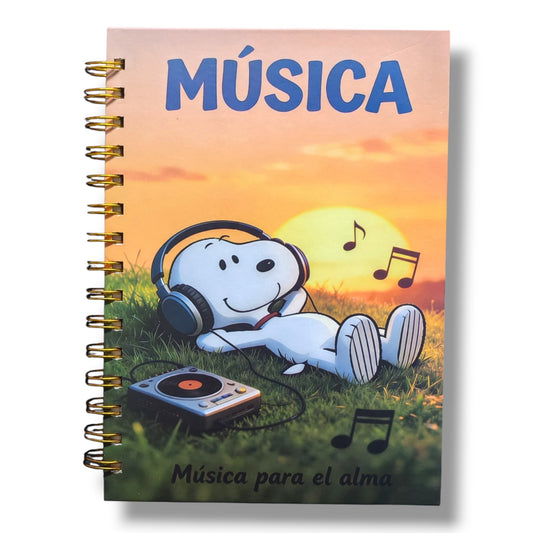 Libreta Rayas Francesa Espiral Pasta Dura Snoopy "Música Para el Alma"