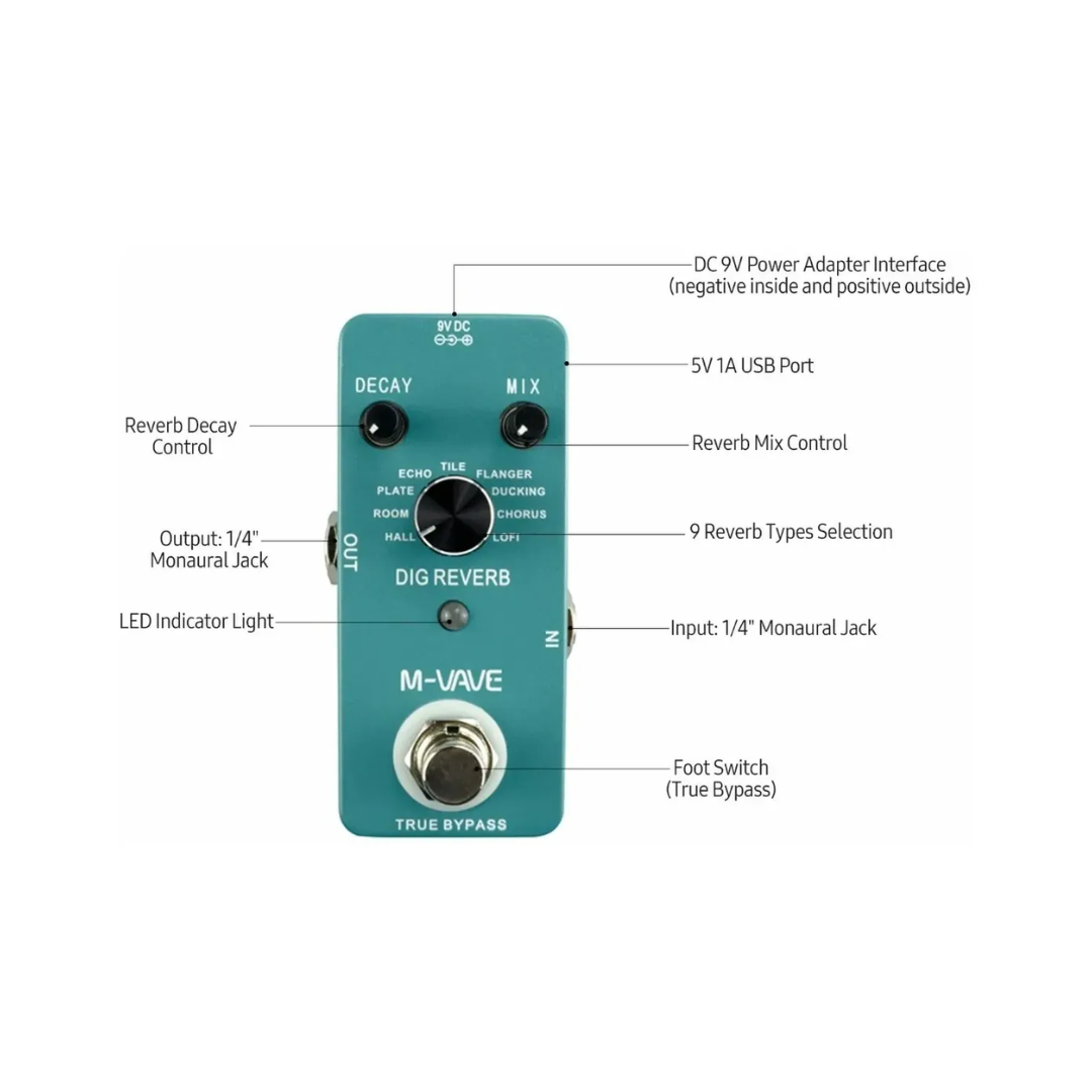 M Vave Pedal de Efectos Dig Reverb Para Guitarra Eléctrica
