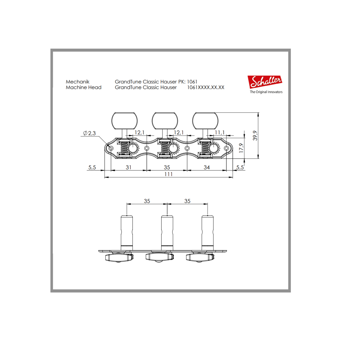 Maquinaria para Guitarra Schaller GrandTune Classic Hauser Lisa Dorada, C/Anillo Metálico Blanco, Acrílico Gris, Sin Lira