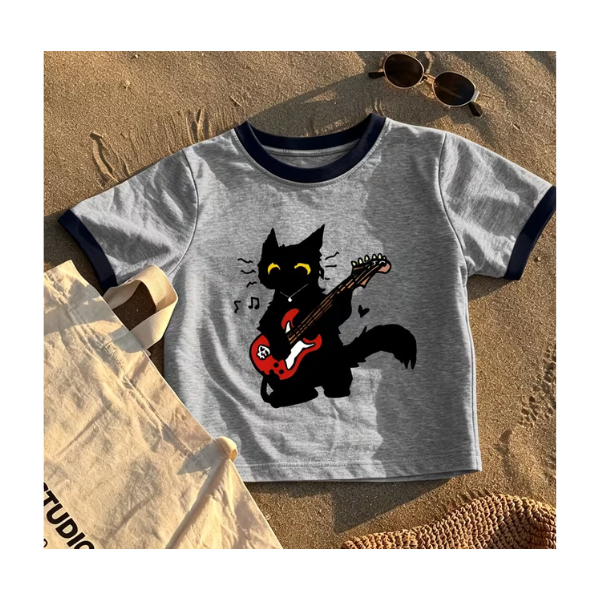 Playera Diseño Gato Negro Tocando Guitarra Eléctrica