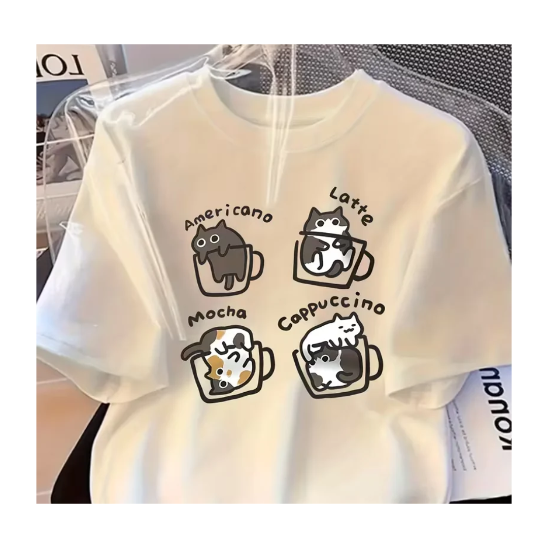 Playera Diseño Gatos Tipos de Café Americano Latte Mocha Cappuccino