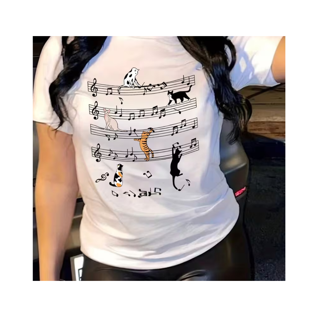 Playera Diseño Gatos Jugando en Partitura