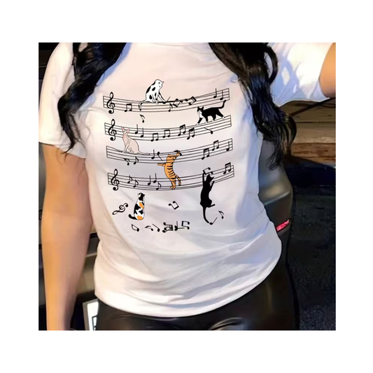 Playera Diseño Gatos Jugando en Partitura