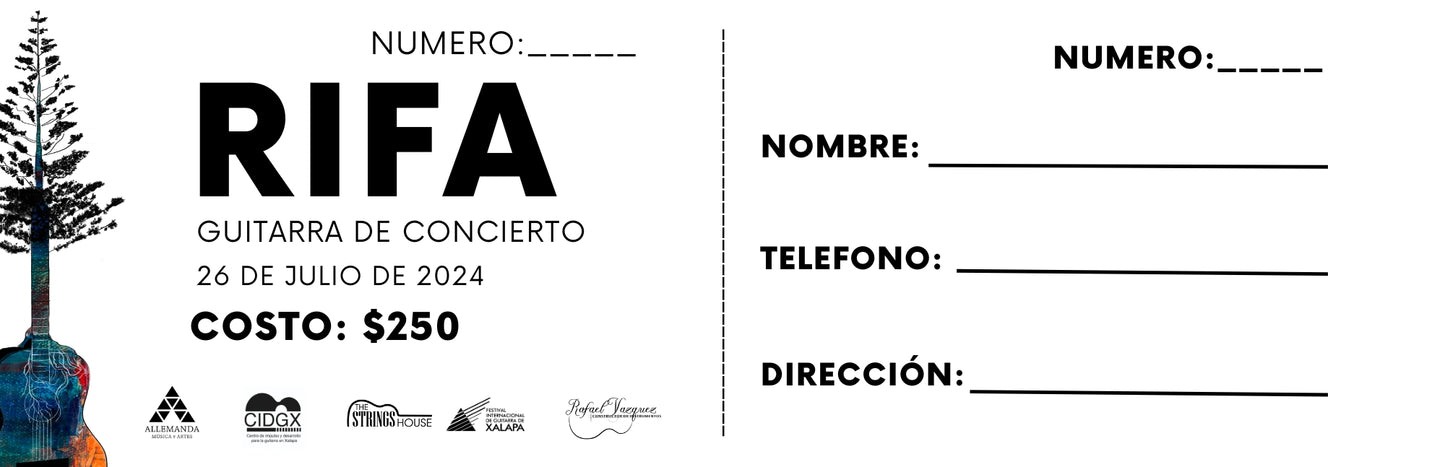 Boleto para rifa de guitarra del laudero Rafael Vazquez