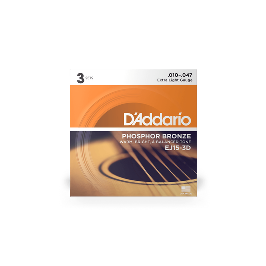 Set 3 Juegos De Cuerdas Para Guitarra Acústica Daddario EJ15-3D Fósforo Bronce Calibre Extra Ligero 10/47